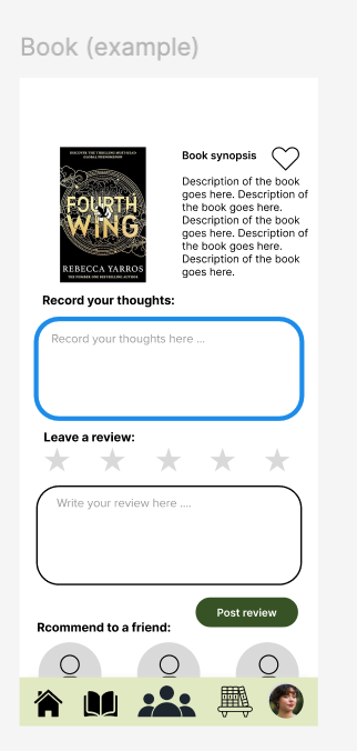 BookClub book details, notes, review, and recommendation screen