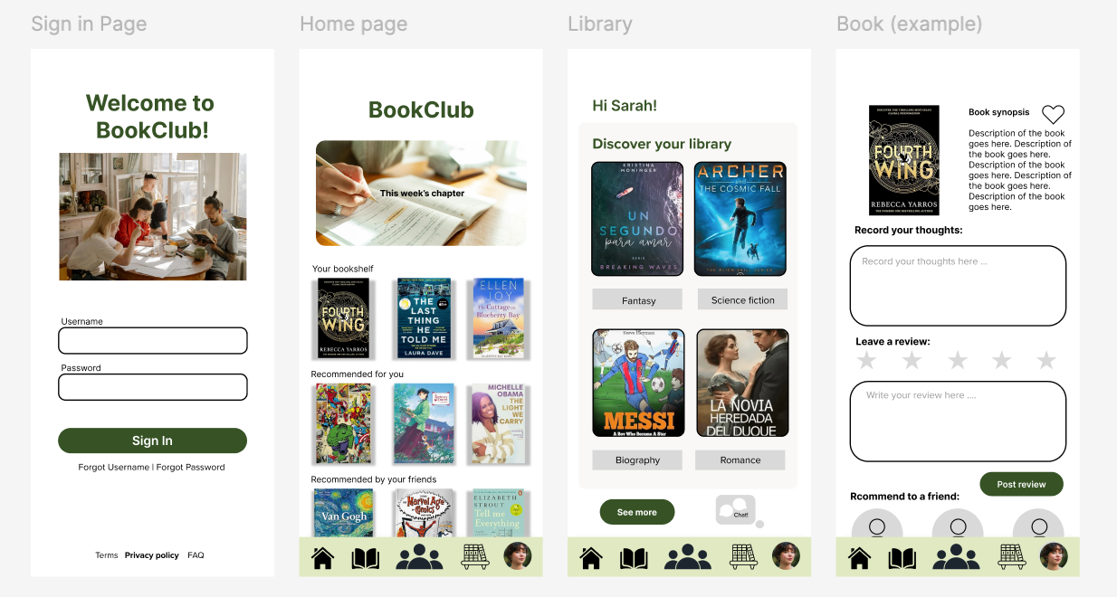BookClub sign-in, home, library, book, community, profile, and current reads screens