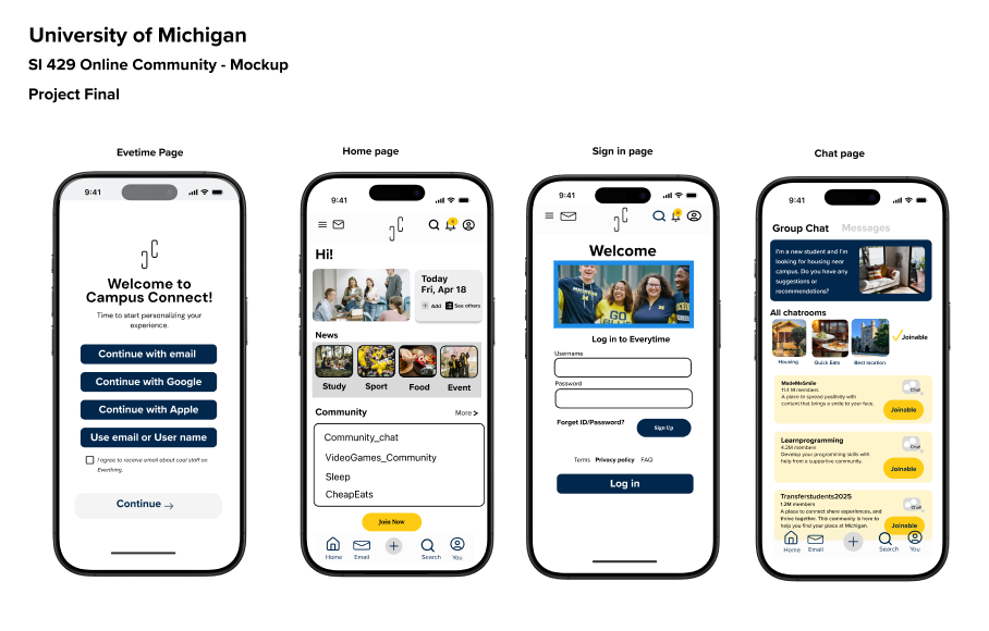 Campus Connect mobile application screens