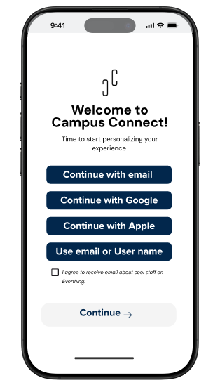 Campus Connect welcome and account setup screen