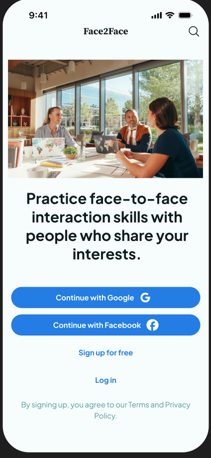 Face2Face welcome and sign-up screen
