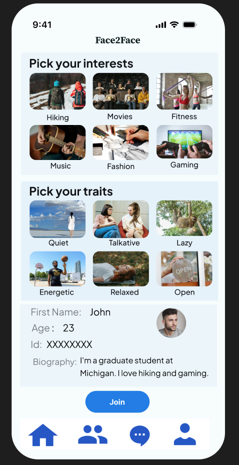 Face2Face interests, traits, and profile screen