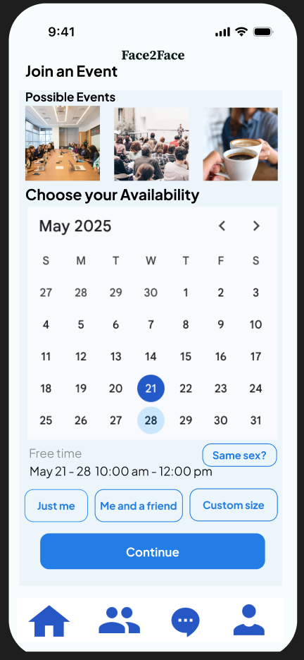 Face2Face event and availability screen