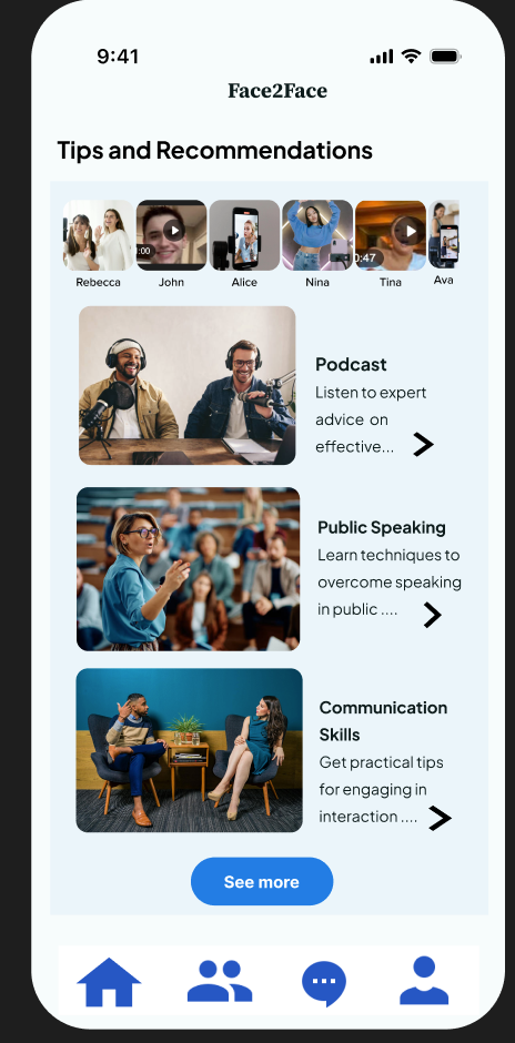 Face2Face tips and recommendations screen