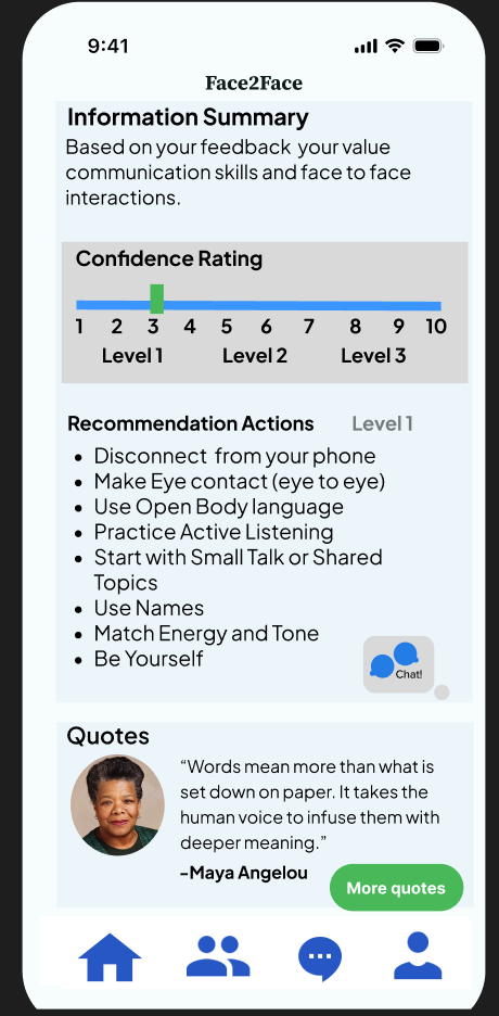 Face2Face confidence rating and recommendations screen